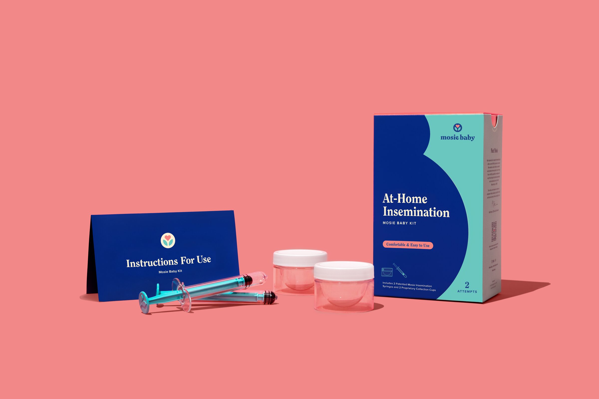 Mosie Baby Kit with box, instruction card, insemination syringes, and collection cups